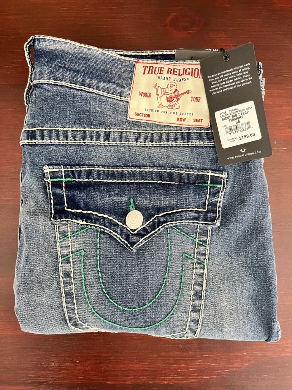 True Religion Ricky Big T Flap Relaxed Straight Mens Sz 36x34 Green Stitching